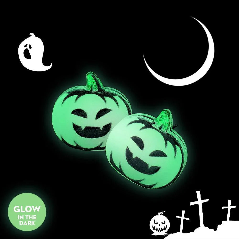 White Glow in The Dark Pumpkin Stud Earrings - Jewelry Store by Erik Rayo