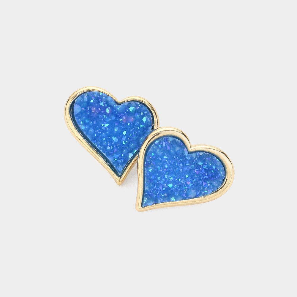 Blue Druzy Heart Stud Earrings