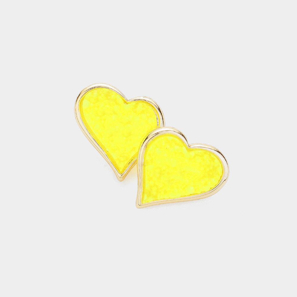 Yellow Druzy Heart Stud Earrings