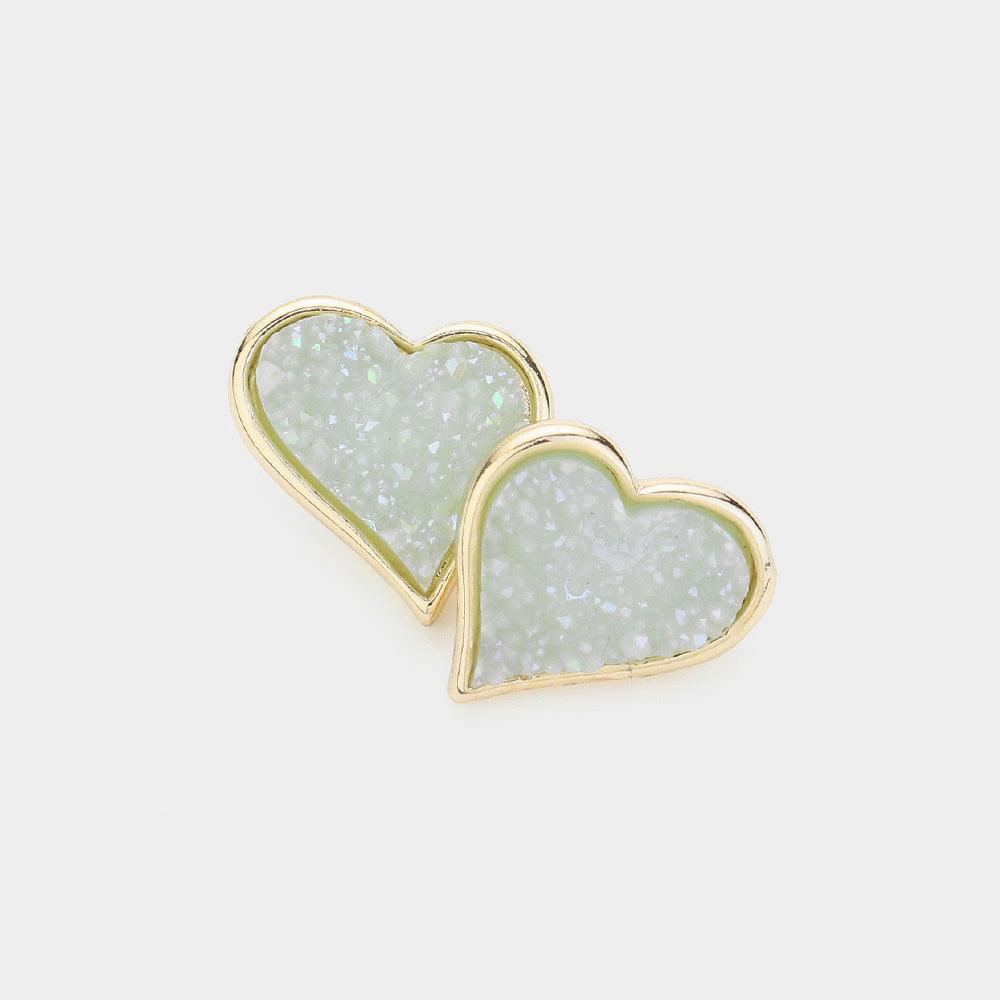 Blue Druzy Heart Stud Earrings