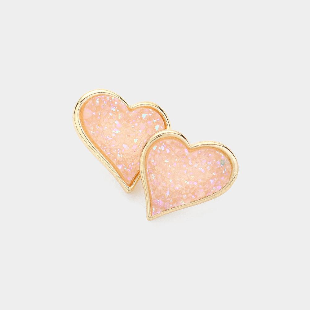 Pink Druzy Heart Stud Earrings