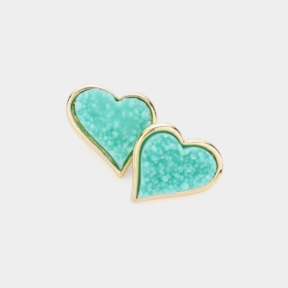 Turquoise Druzy Heart Stud Earrings - Jewelry Store by Erik Rayo