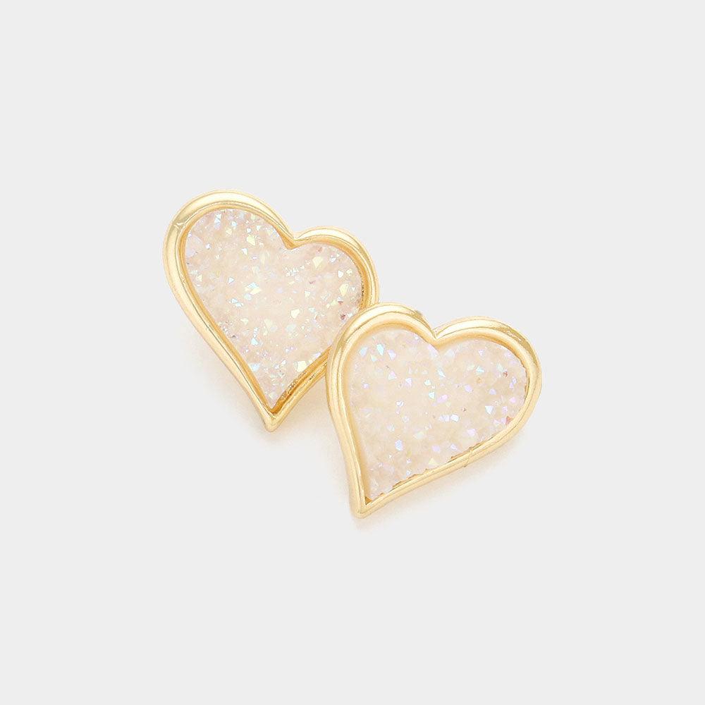 White Druzy Heart Stud Earrings