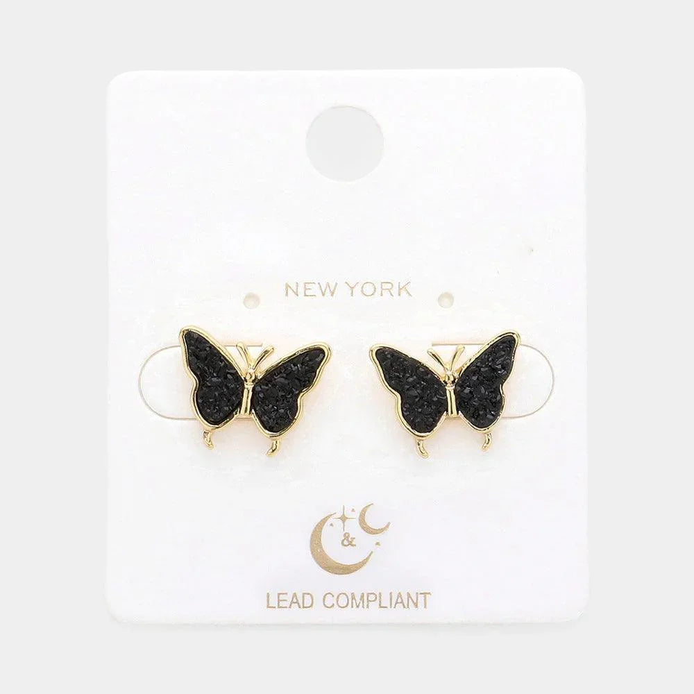 Black Druzy Butterfly Stud Earrings - Jewelry Store by Erik Rayo