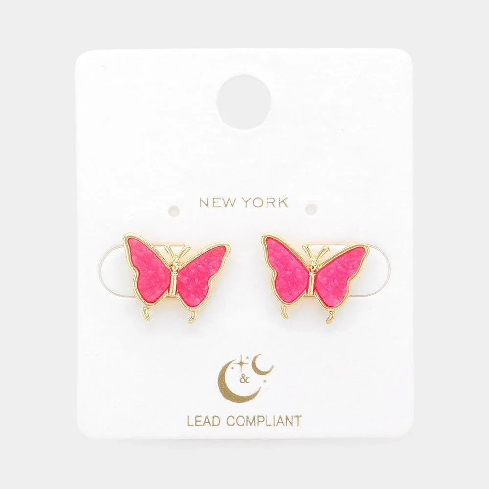 Pink Druzy Butterfly Stud Earrings - Jewelry Store by Erik Rayo