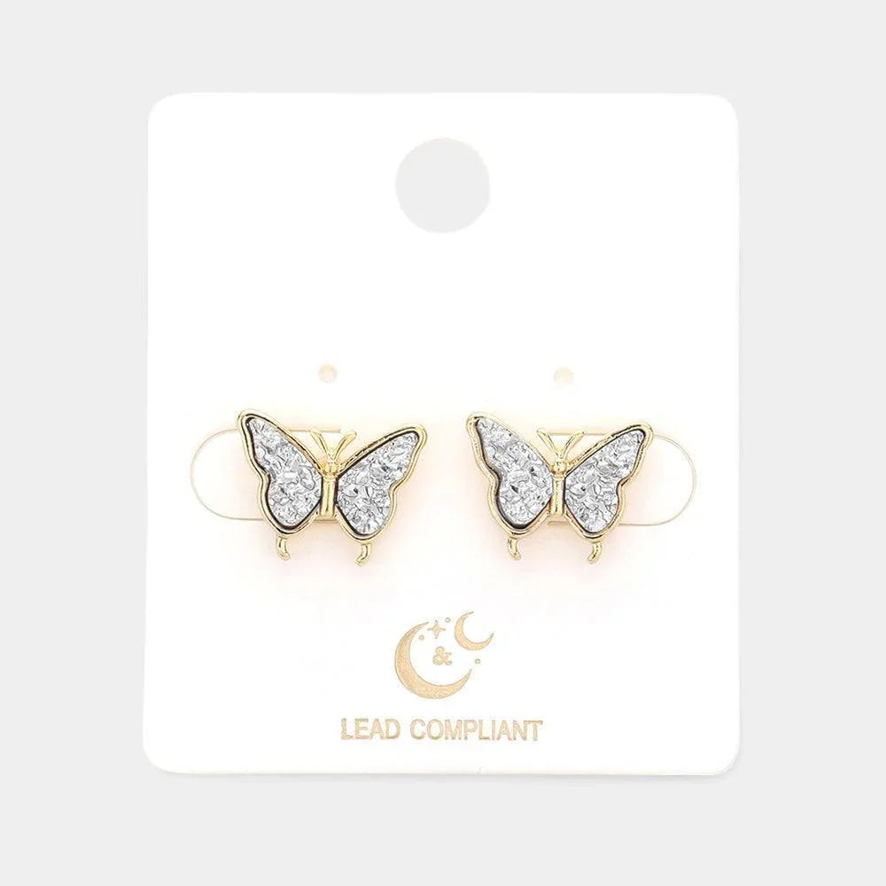 Silver Druzy Butterfly Stud Earrings - Jewelry Store by Erik Rayo