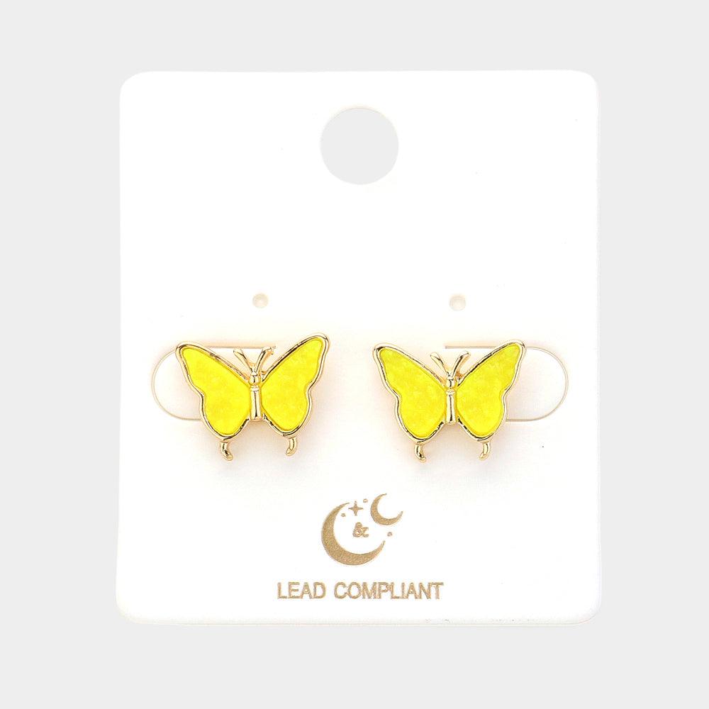 Yellow Druzy Butterfly Stud Earrings