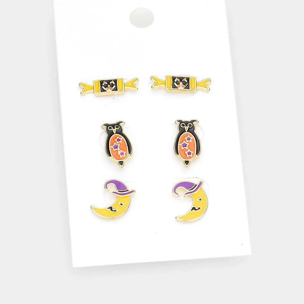 3Pairs - Enamel Pumpkin Candy Owl Crescent Moon Stud Earrings - Jewelry Store by Erik Rayo