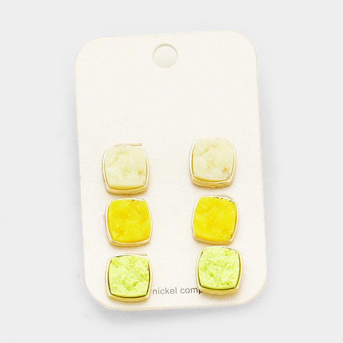 Yellow 3Pairs Genuine Druzy Square Stud Earrings