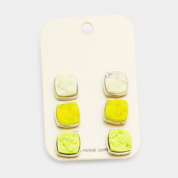 3Pairs Genuine Druzy Square Stud Earrings - Jewelry Store by Erik Rayo