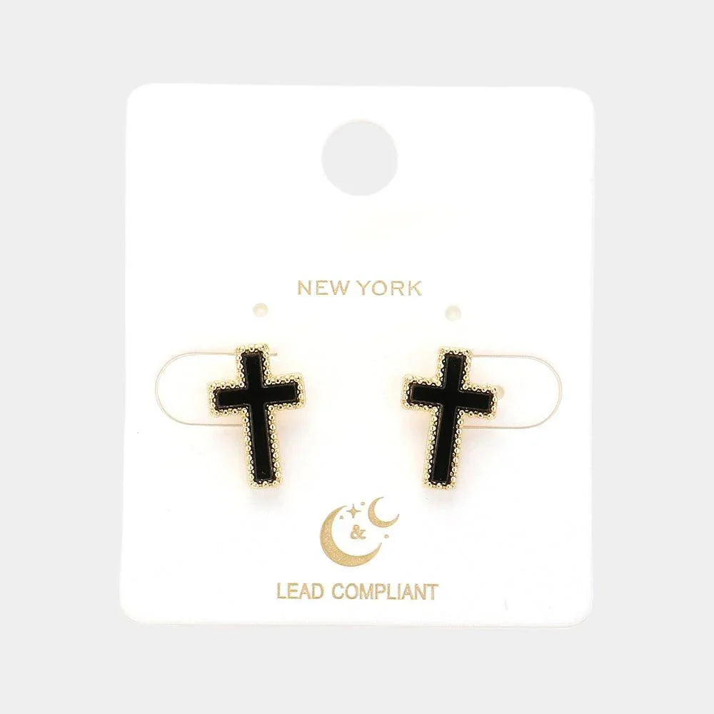 Black Enamel Cross Stud Earrings - Jewelry Store by Erik Rayo