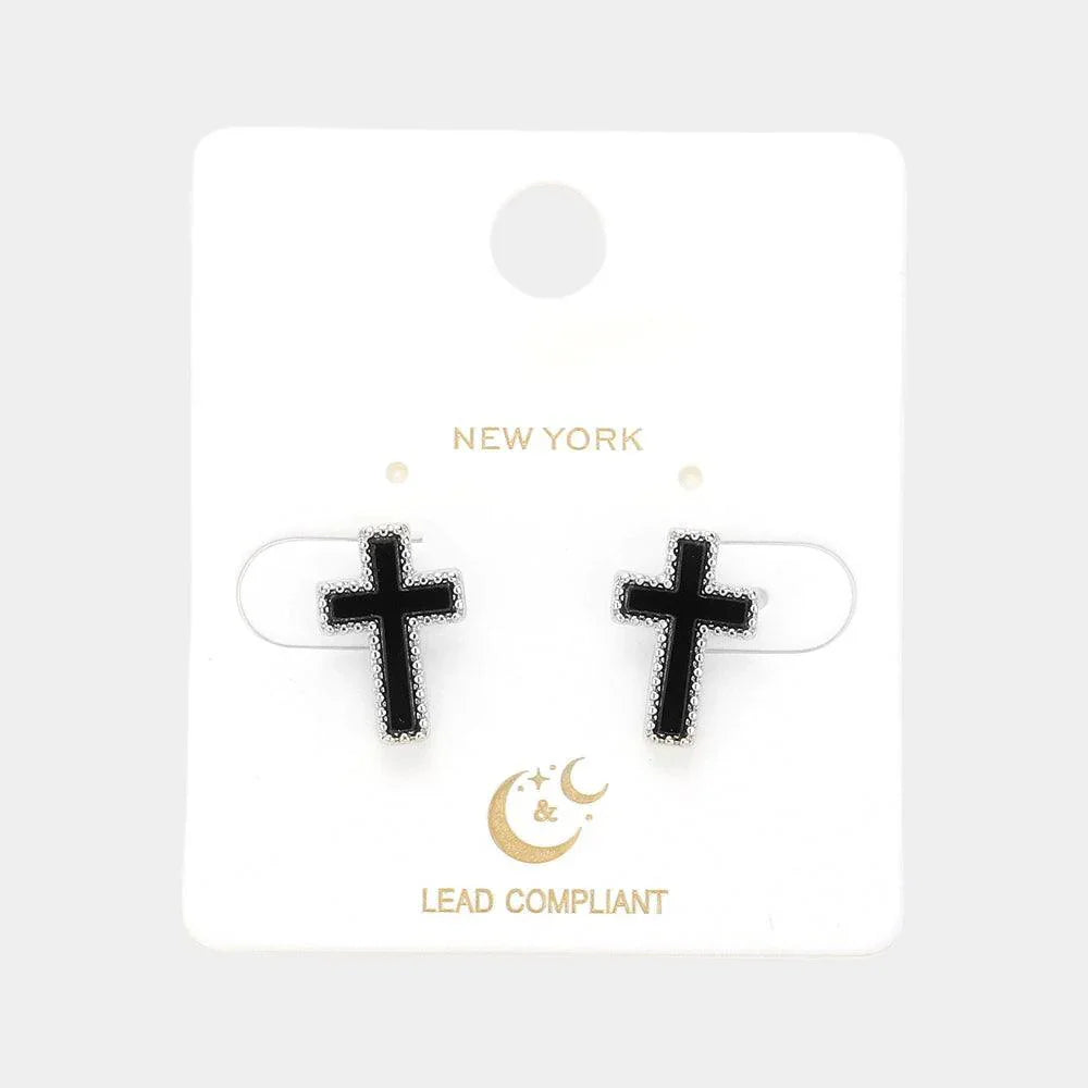 Silver Enamel Cross Stud Earrings - Jewelry Store by Erik Rayo