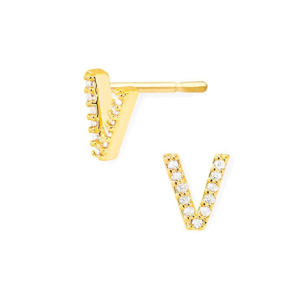 Gold V 14K Gold Dipped CZ Monogram Stud Earrings - Jewelry Store by Erik Rayo