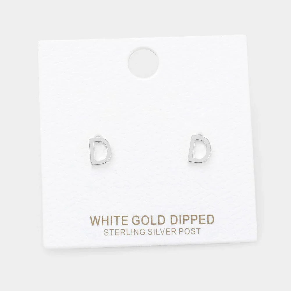 Letter D White Gold Dipped Metal Monogram Stud Earrings - Jewelry Store by Erik Rayo