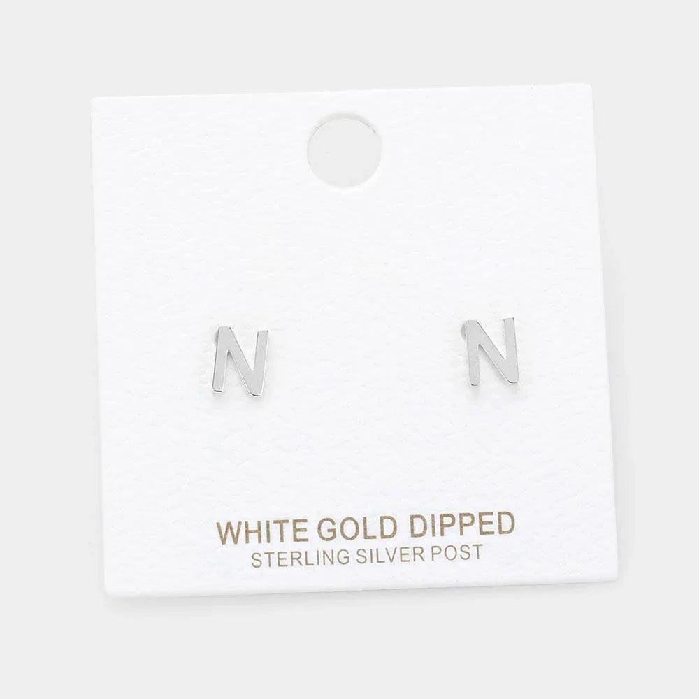 Letter N White Gold Dipped Metal Monogram Stud Earrings - Jewelry Store by Erik Rayo