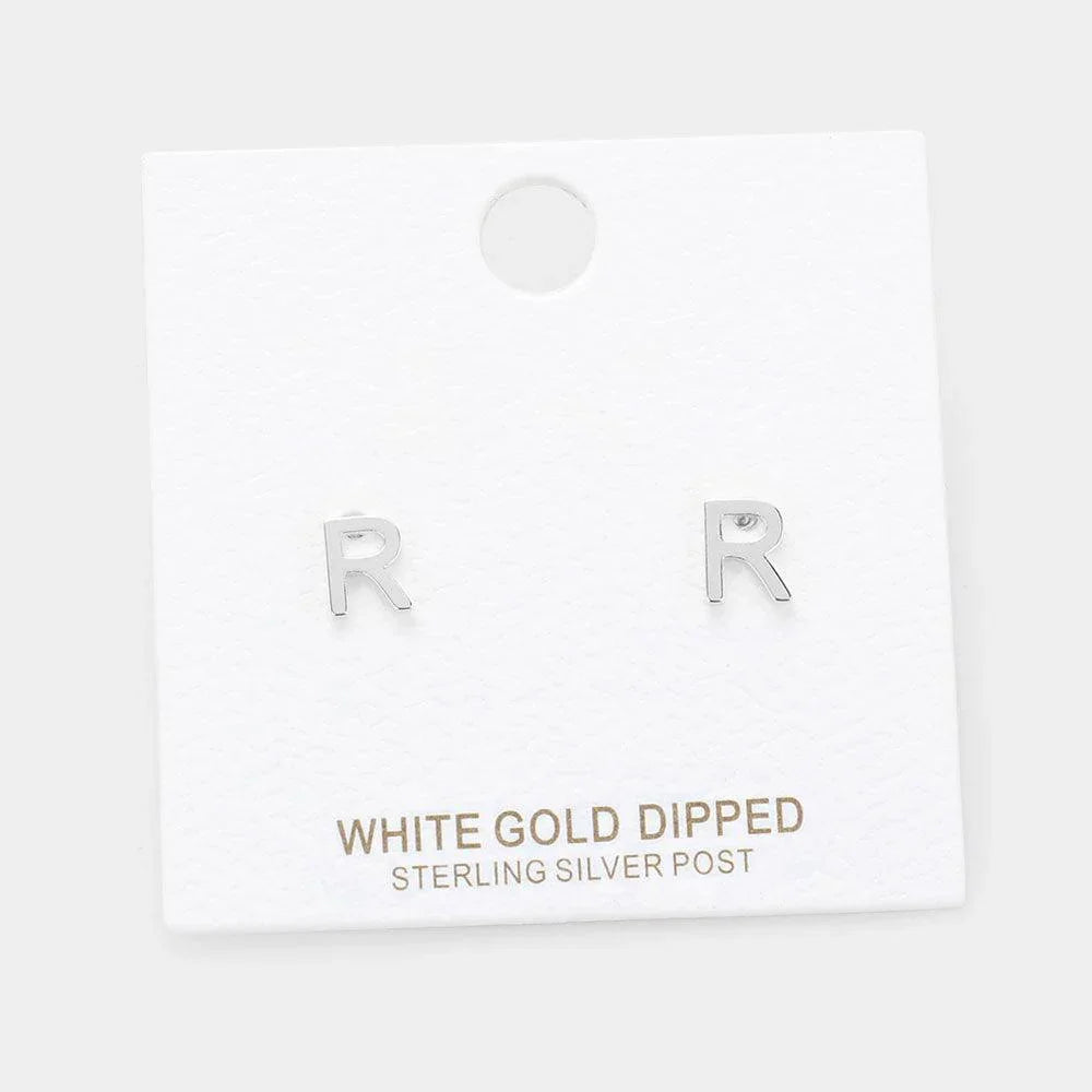 Silver -R- White Gold Dipped Metal Monogram Stud Earrings - Jewelry Store by Erik Rayo