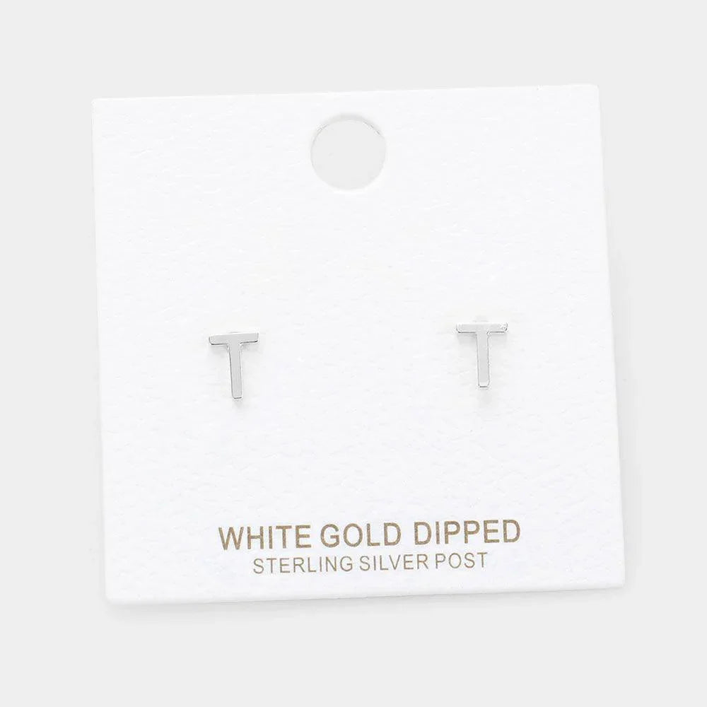 Letter T White Gold Dipped Metal Monogram Stud Earrings - Jewelry Store by Erik Rayo