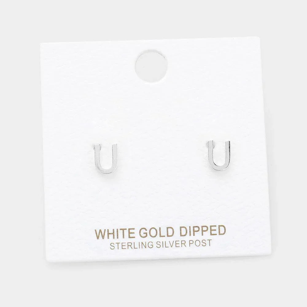 Letter U White Gold Dipped Metal Monogram Stud Earrings - Jewelry Store by Erik Rayo