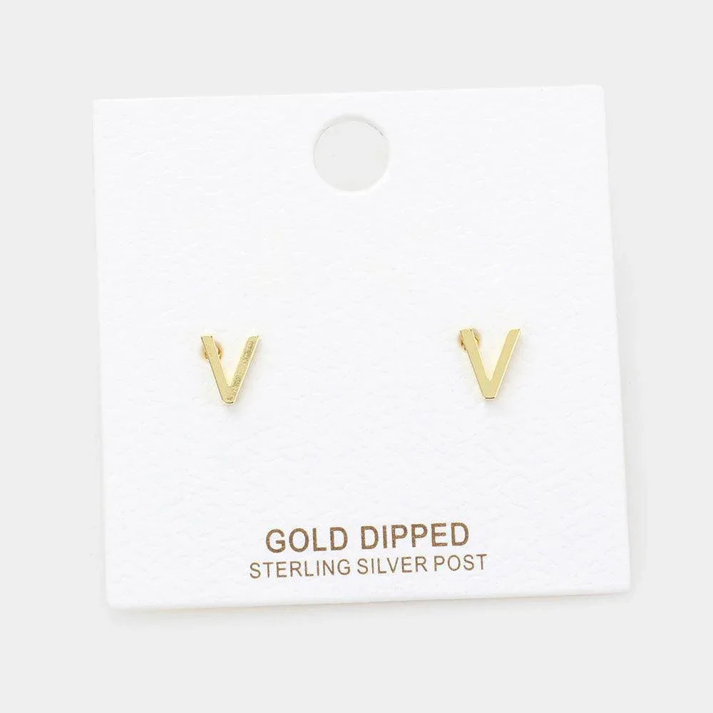 Letter V Gold Dipped Metal Monogram Stud Earrings - Jewelry Store by Erik Rayo