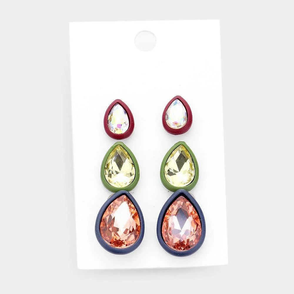 3Pairs - Teardrop Glass Crystal Resin Trim Stud Earrings - Jewelry Store by Erik Rayo
