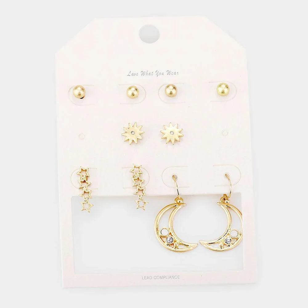 Gold 5Pairs - Metal Ball Star Crescent Moon Earrings - Jewelry Store by Erik Rayo