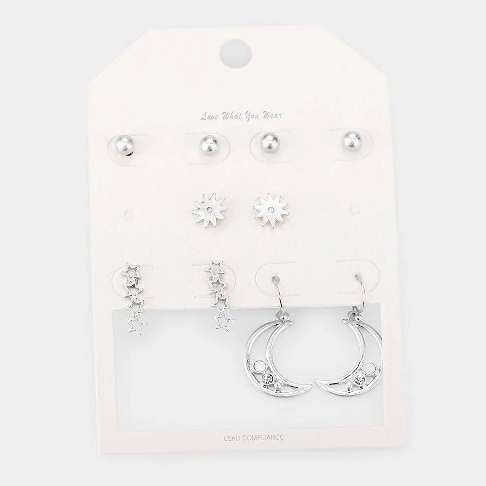 Silver 5Pairs - Metal Ball Star Crescent Moon Earrings - Jewelry Store by Erik Rayo