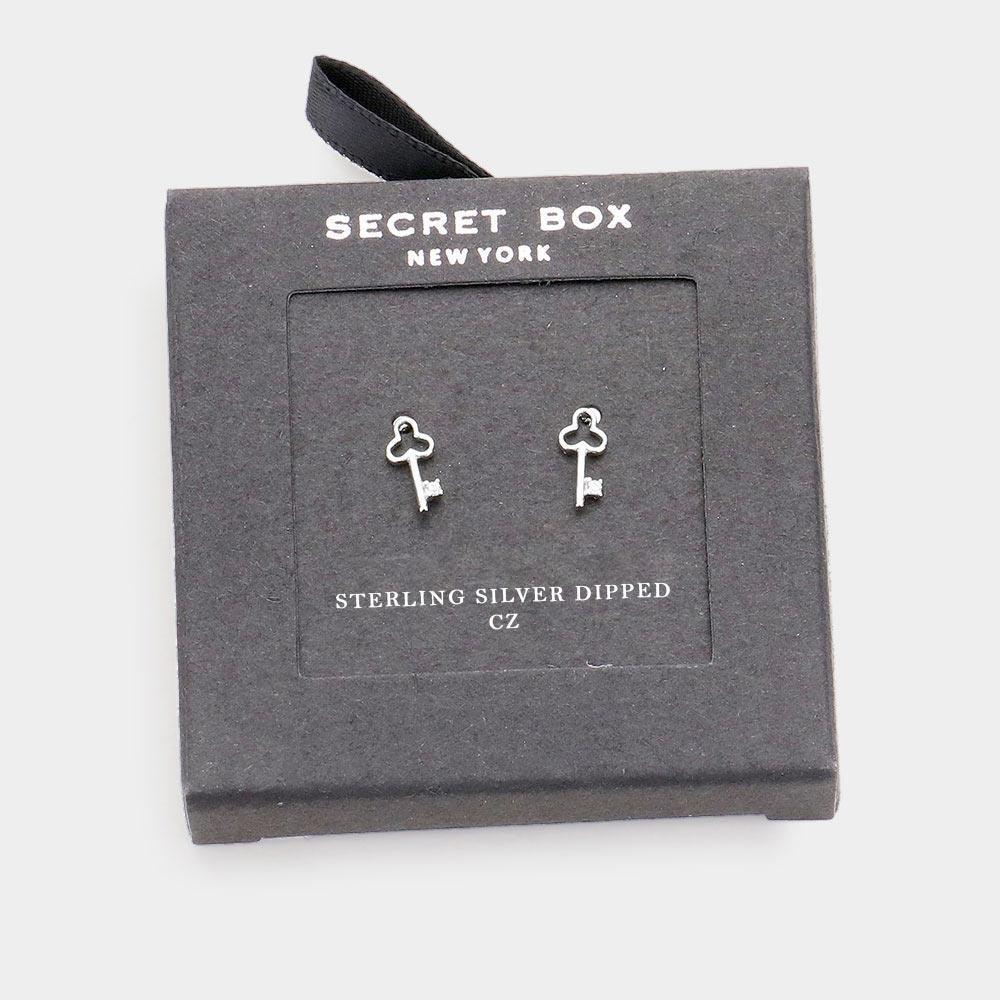 Silver Sterling Silver Dipped CZ Clover Key Stud Earrings - Jewelry Store by Erik Rayo