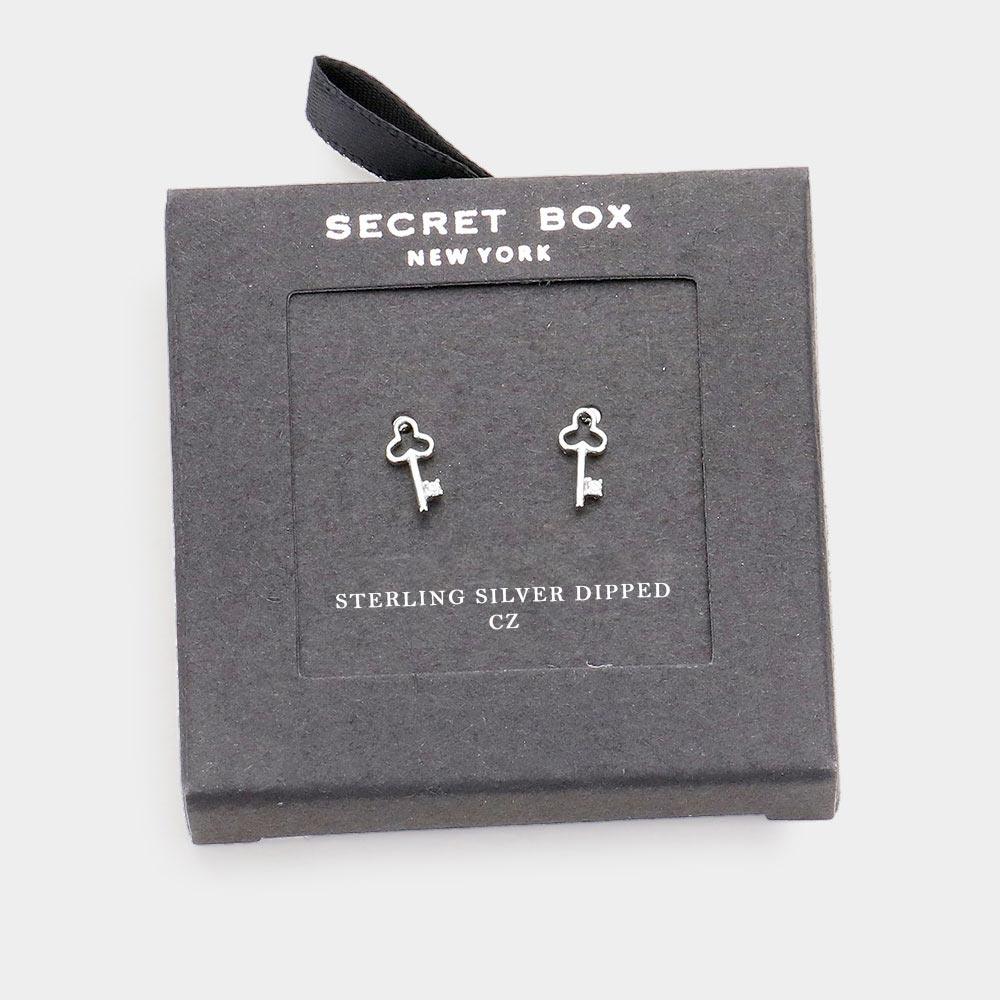 Silver Sterling Silver Dipped CZ Clover Key Stud Earrings