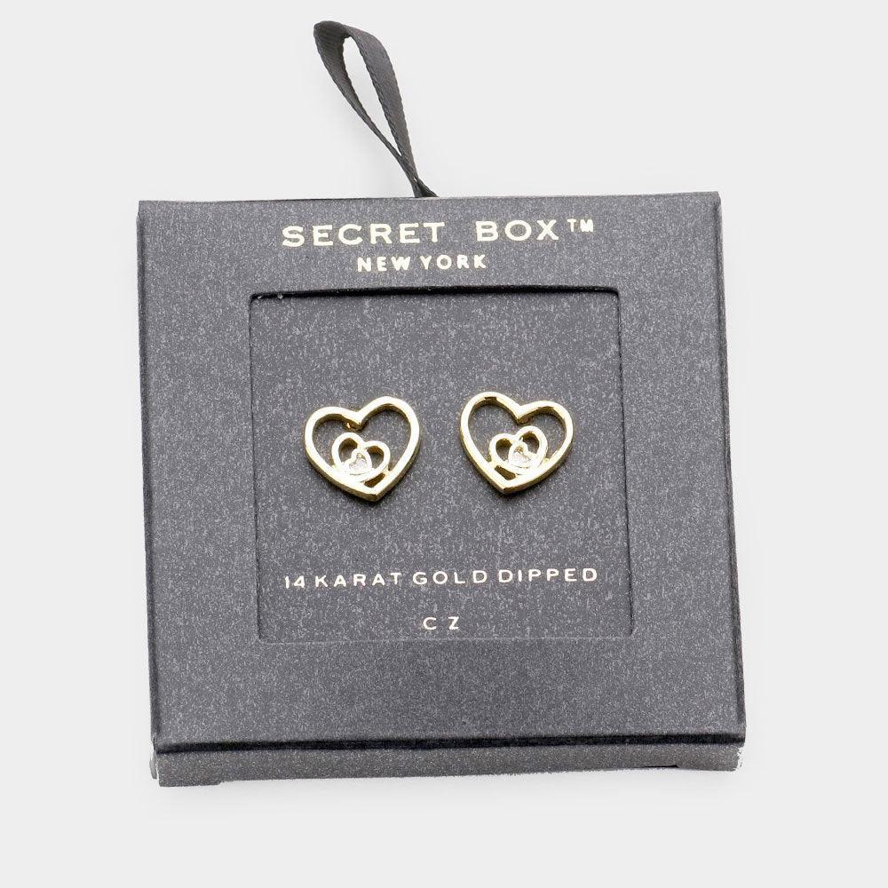 14K Gold Dipped CZ Triple Metal Heart Stud Earrings - Jewelry Store by Erik Rayo