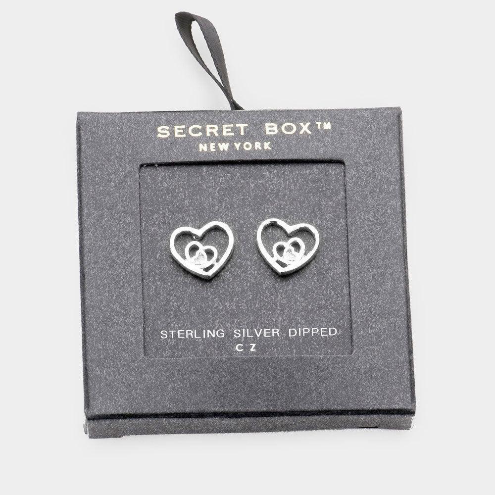 White Sterling Silver Dipped CZ Triple Metal Heart Stud Earrings - Jewelry Store by Erik Rayo