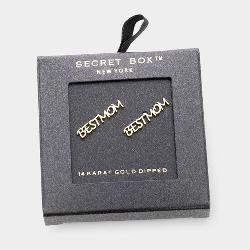14K Gold Dipped BEST MOM Metal Message Stud Earrings - Jewelry Store by Erik Rayo