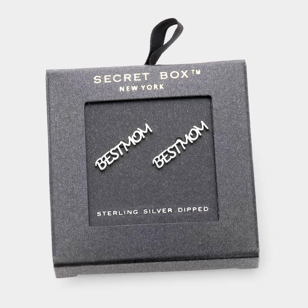 White Sterling Silver Dipped BEST MOM Metal Message Stud Earrings - Jewelry Store by Erik Rayo