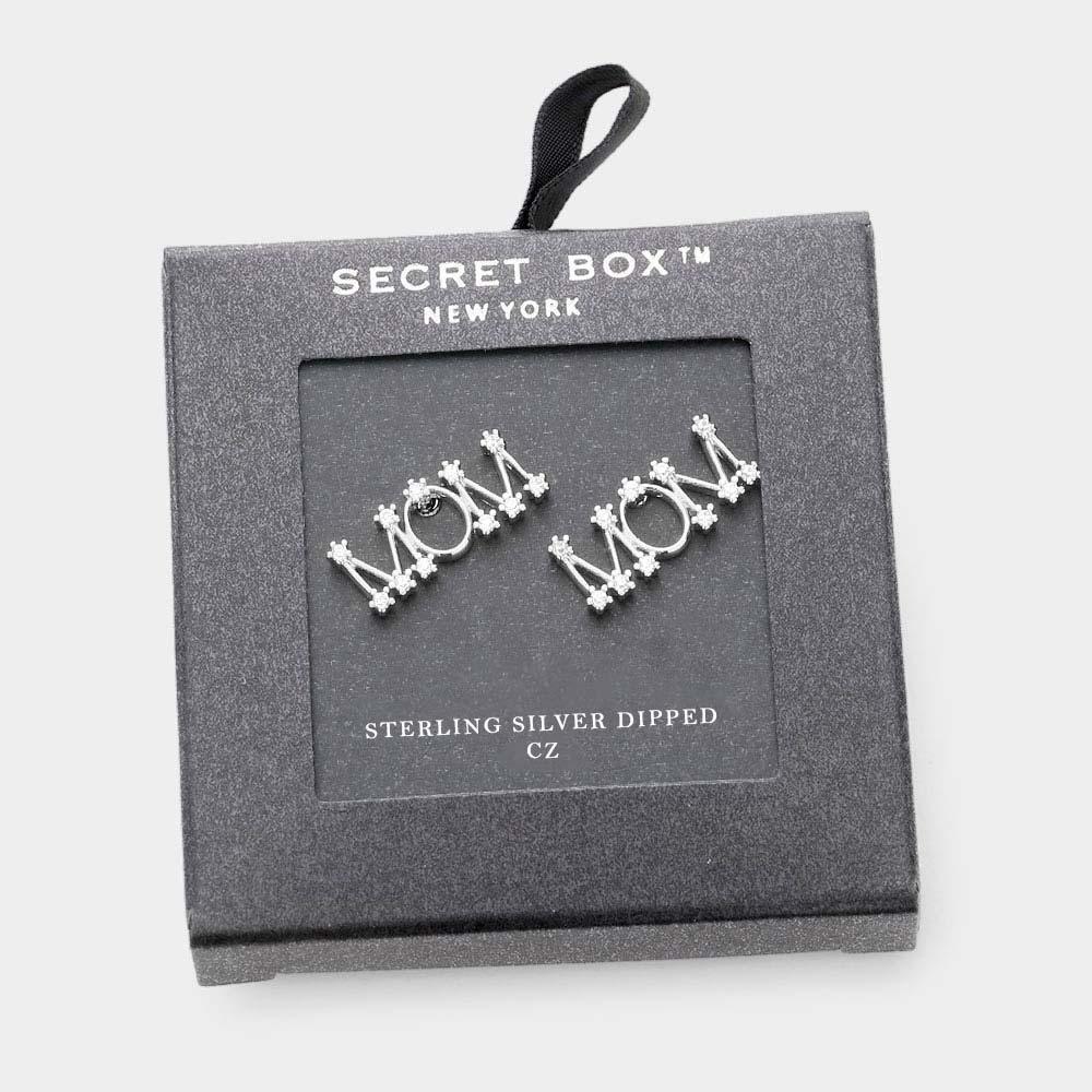 Silver Sterling Silver Dipped CZ MOM Message Stud Earrings - Jewelry Store by Erik Rayo