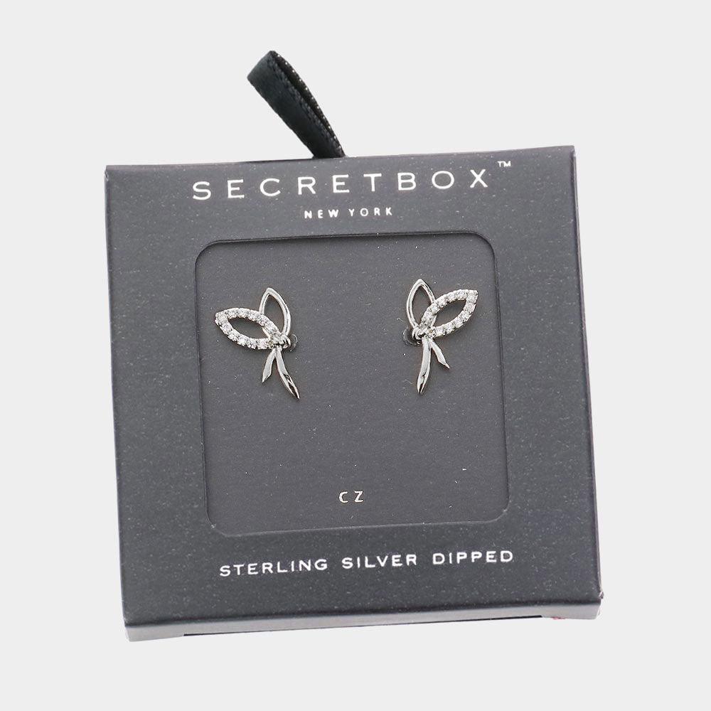 White Sterling Silver Dipped CZ Embellished Metal Bow Stud Earrings - Jewelry Store by Erik Rayo