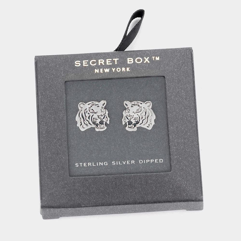 White Sterling Silver Dipped Metal Tiger Stud Earrings - Jewelry Store by Erik Rayo
