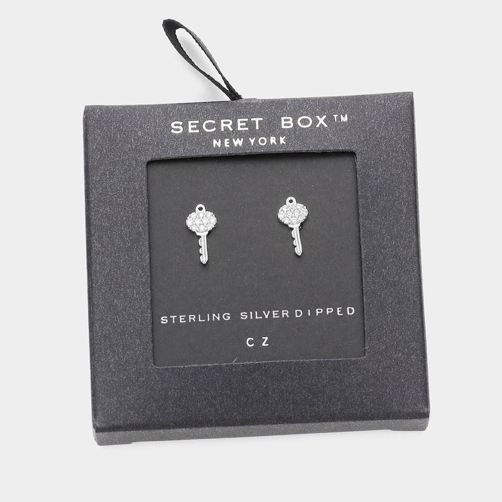 Silver Sterling Silver Dipped CZ Key Stud Earrings