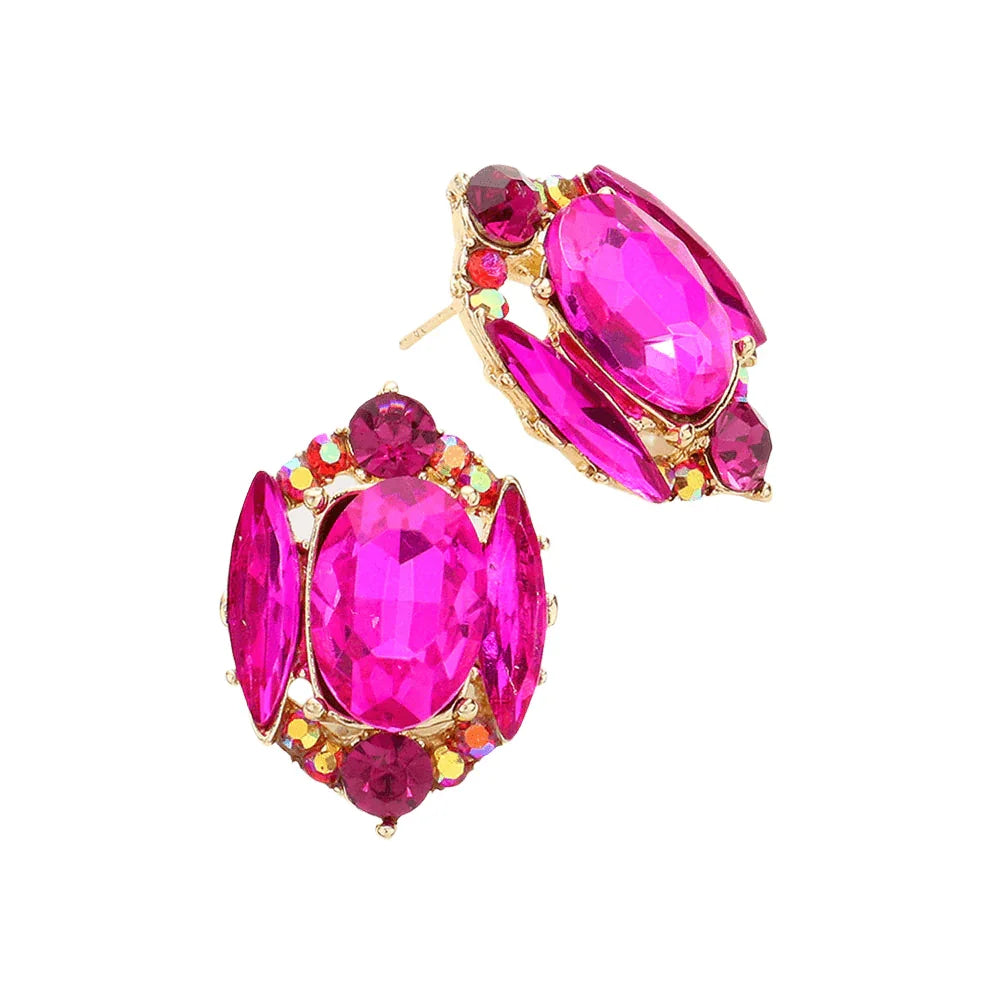 Fuchsia Emerald Cut Stone Accented Stud Evening Earrings - Jewelry Store by Erik Rayo