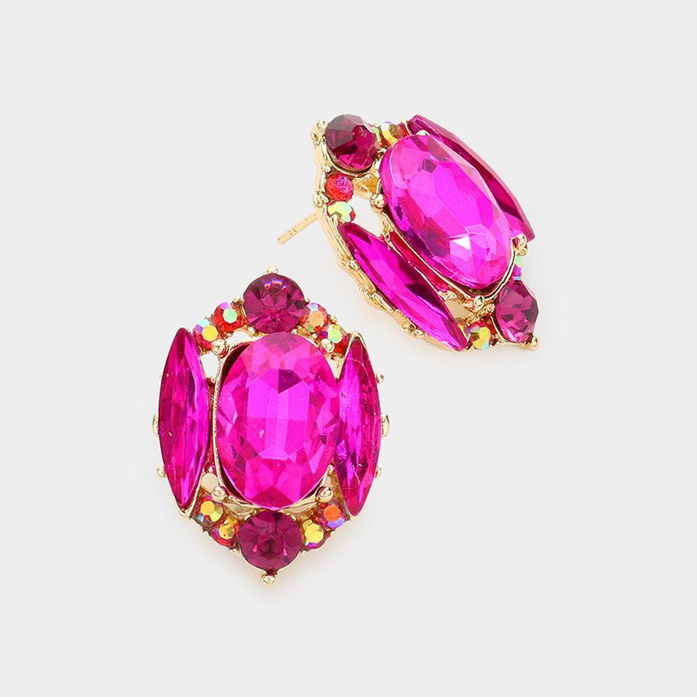 Fuchsia Emerald Cut Stone Accented Stud Evening Earrings - Jewelry Store by Erik Rayo