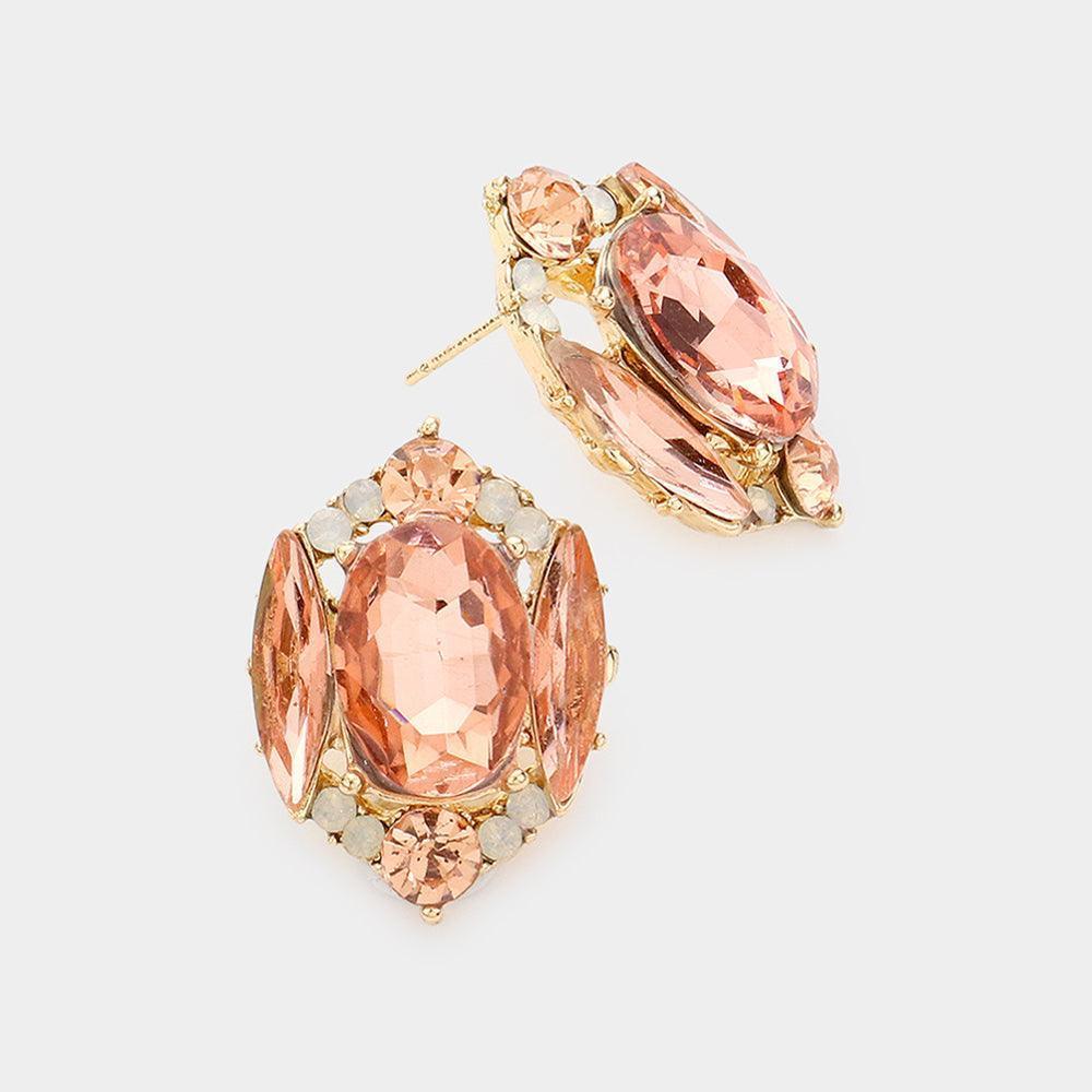 Peach Emerald Cut Stone Accented Stud Evening Earrings - Jewelry Store by Erik Rayo