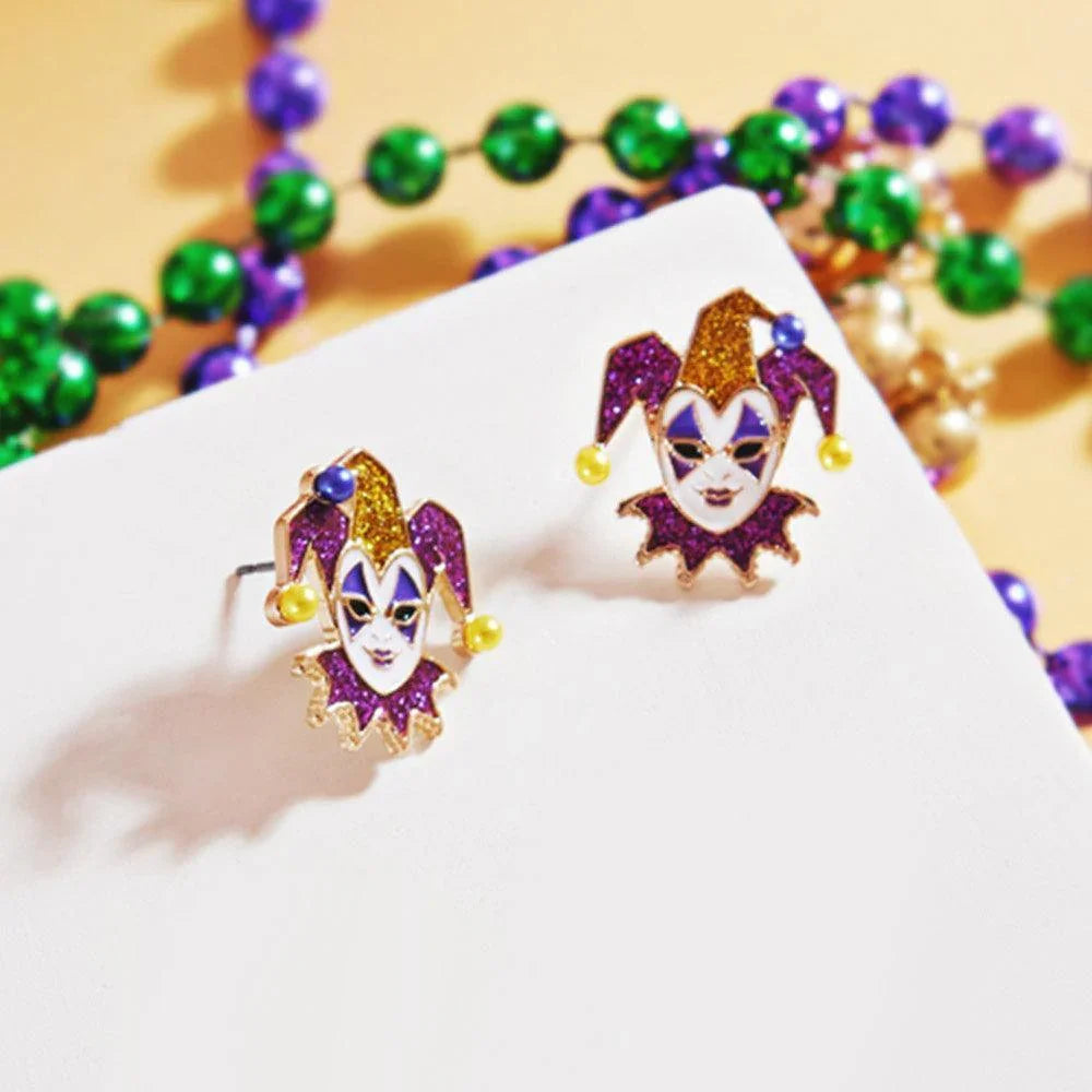 Purple Mardi Gras Glittered Jester Pierrot Stud Earrings - Jewelry Store by Erik Rayo