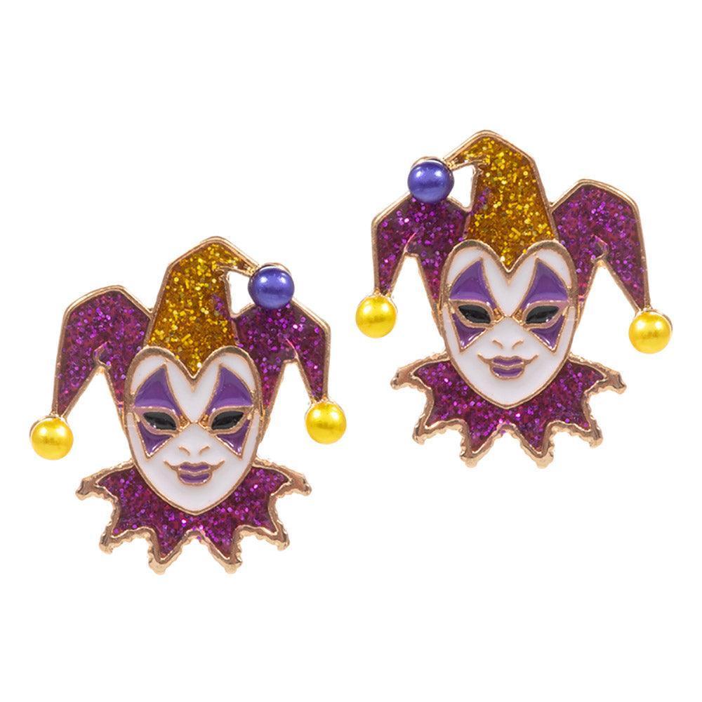 Purple Mardi Gras Glittered Jester Pierrot Stud Earrings - Jewelry Store by Erik Rayo
