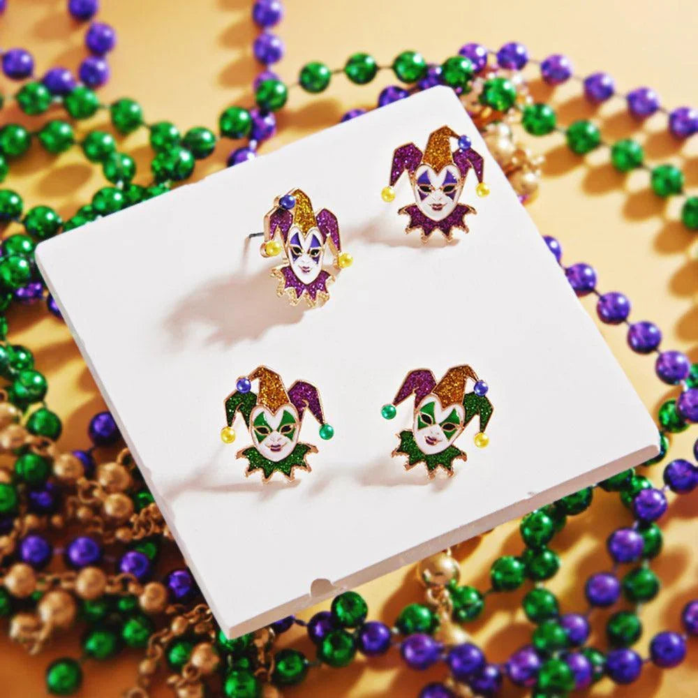 Purple Mardi Gras Glittered Jester Pierrot Stud Earrings - Jewelry Store by Erik Rayo