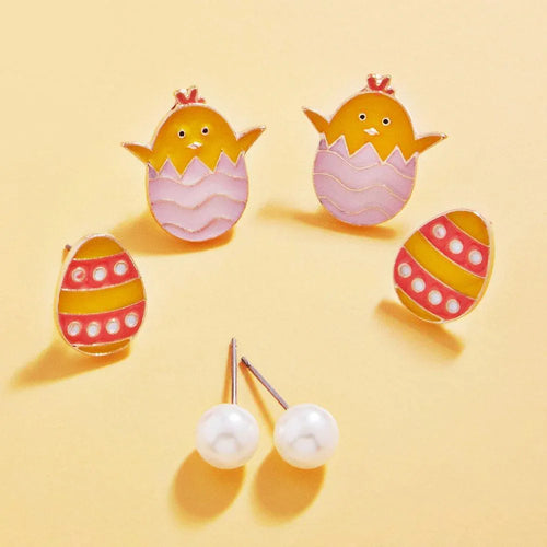 3PAIRS - Easter Chick Egg Pearl Stud Earrings Set - Jewelry Store by Erik Rayo