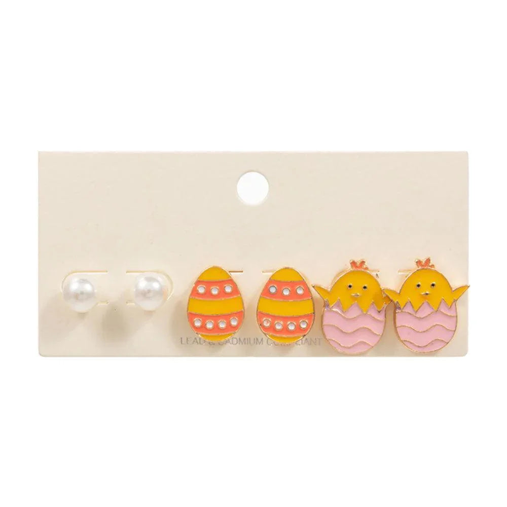 3PAIRS - Easter Chick Egg Pearl Stud Earrings Set - Jewelry Store by Erik Rayo