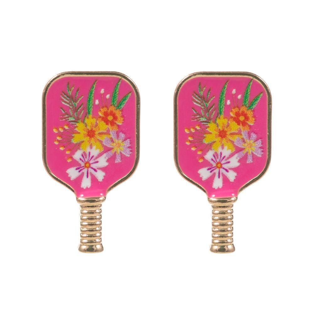 Pink Enamel Flower Pickleball Paddle Stud Earrings - Jewelry Store by Erik Rayo