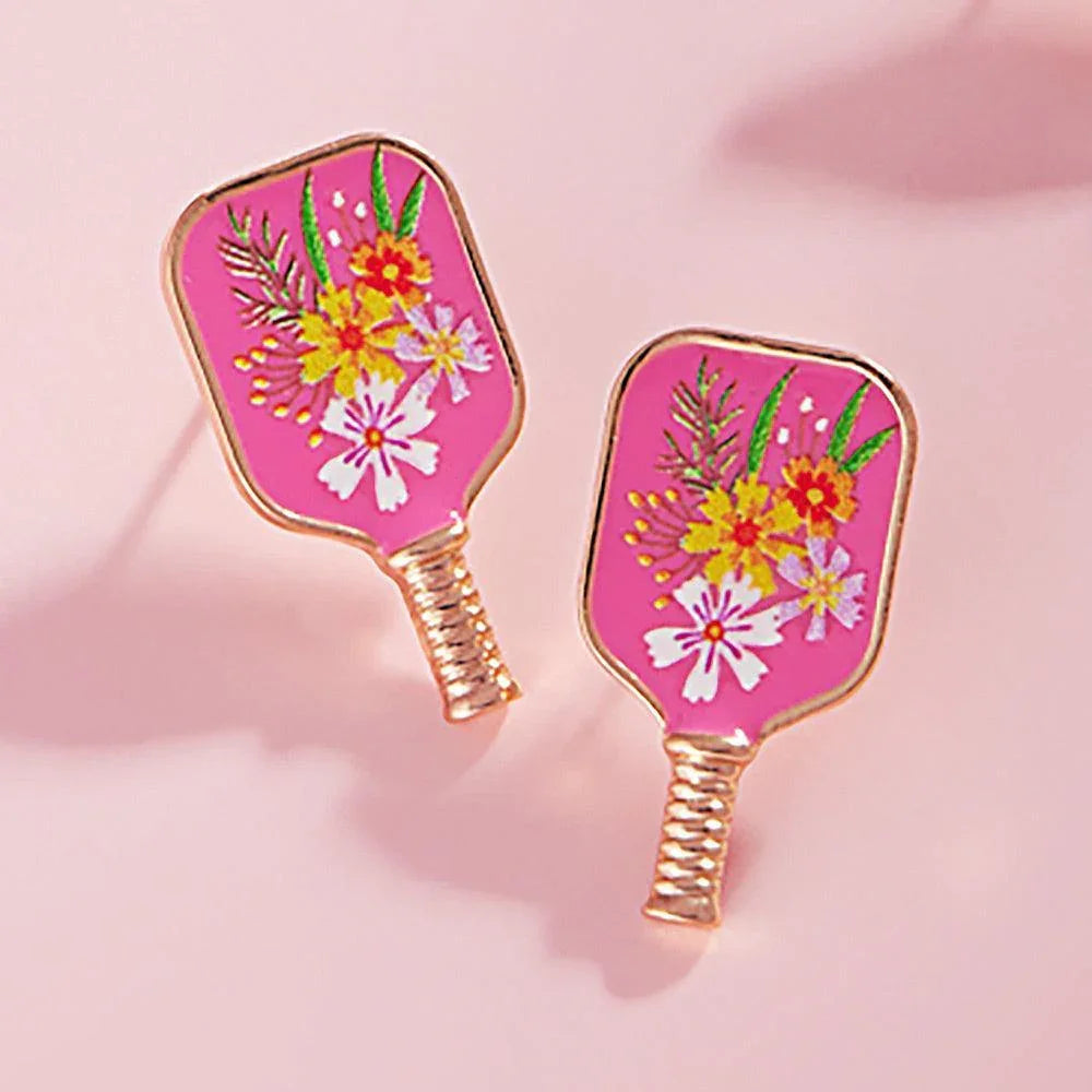 Pink Enamel Flower Pickleball Paddle Stud Earrings - Jewelry Store by Erik Rayo
