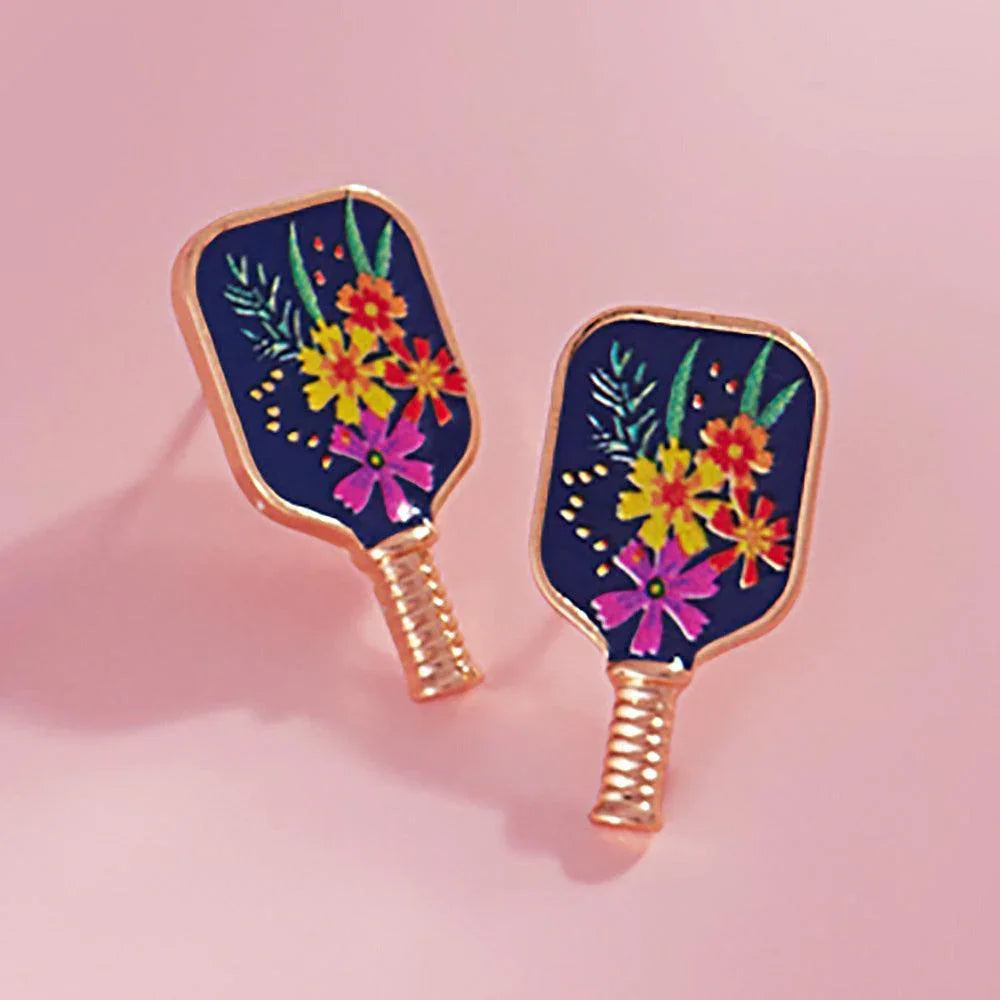 Enamel Flower Pickleball Paddle Stud Earrings - Jewelry Store by Erik Rayo