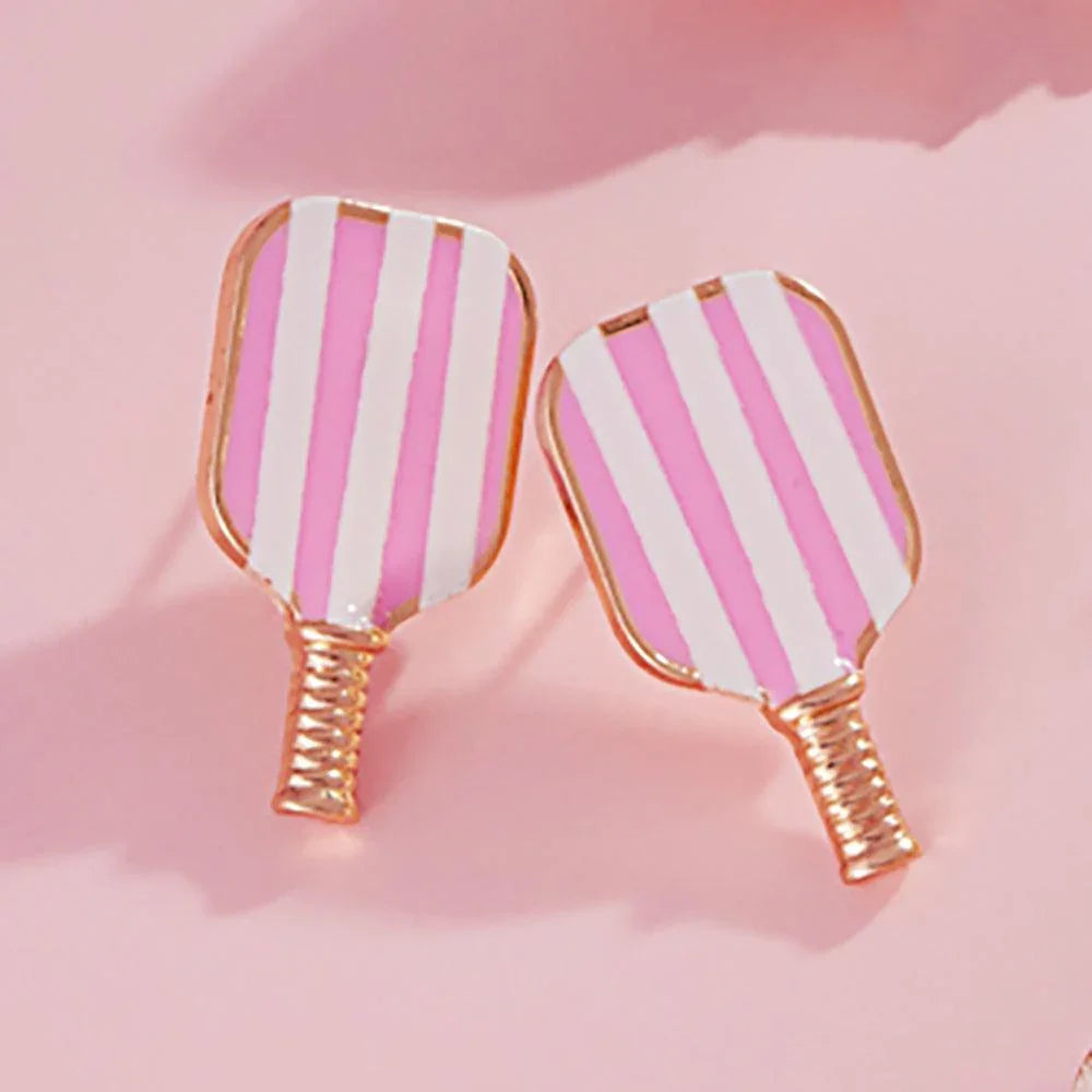 Pink Enamel Pickleball Paddle Stud Earrings - Jewelry Store by Erik Rayo