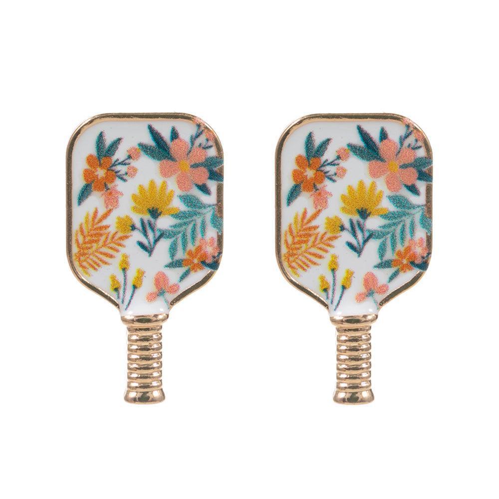 White Enamel Flower Pickleball Paddle Stud Earrings - Jewelry Store by Erik Rayo