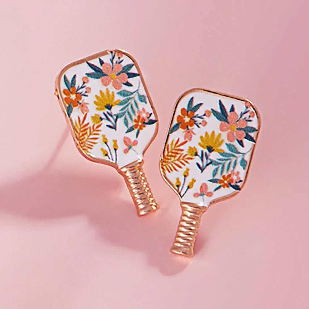White Enamel Flower Pickleball Paddle Stud Earrings - Jewelry Store by Erik Rayo